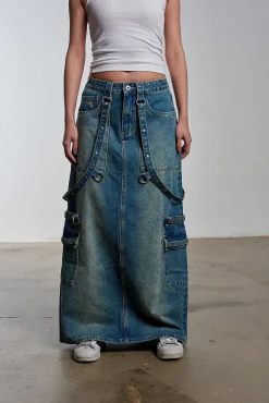 Bondage Denim Midi Skirt Blue