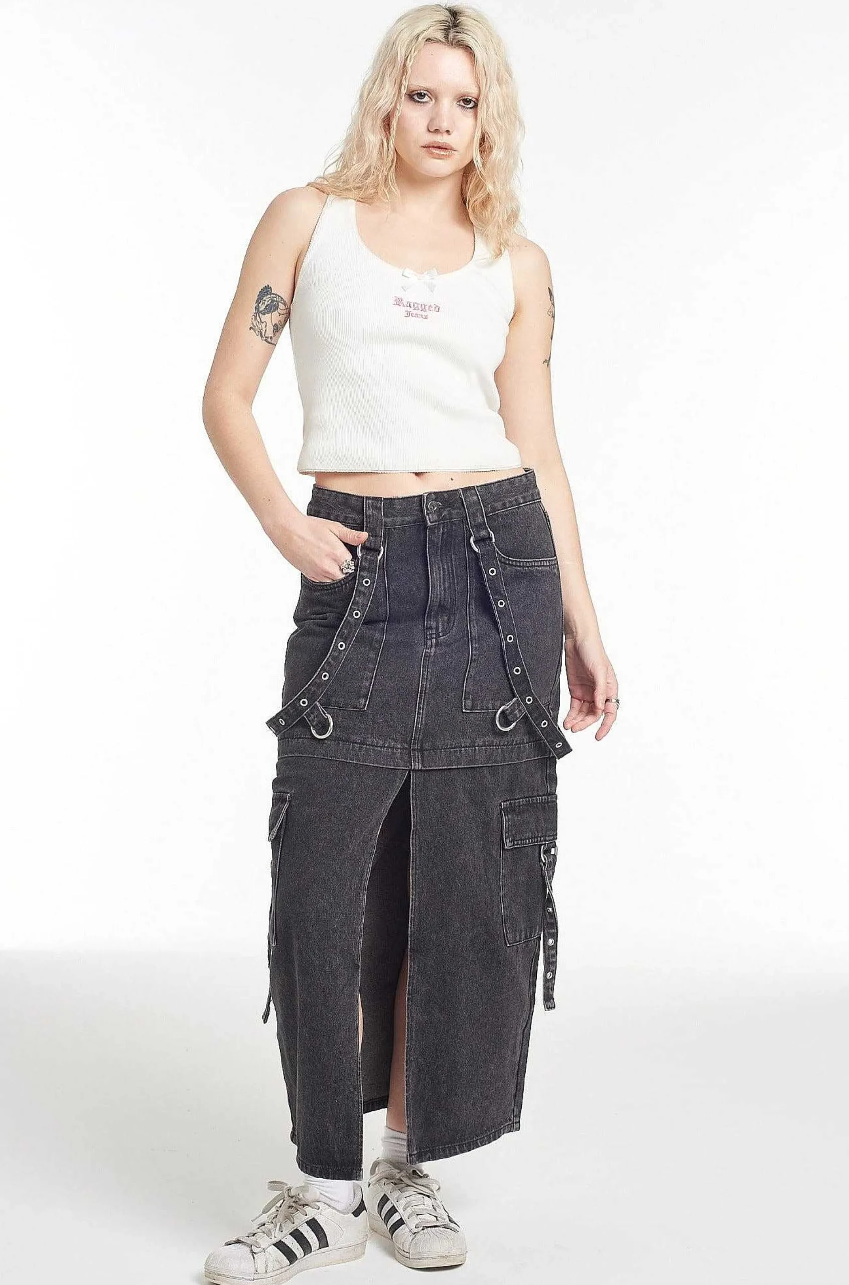 Bondage Denim Midi Skirt Black