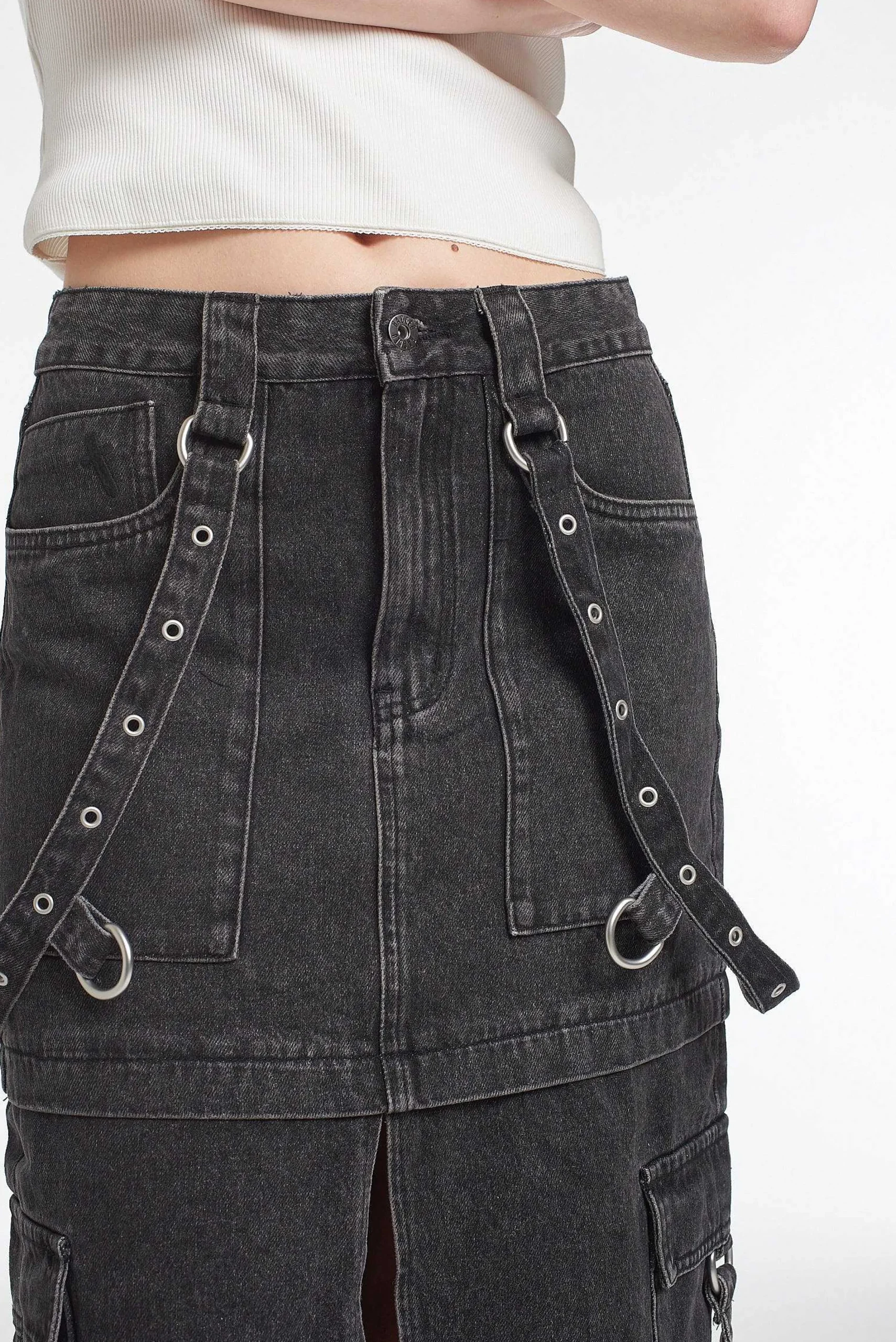Bondage Denim Midi Skirt Black