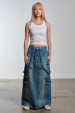Bondage Denim Midi Skirt Blue