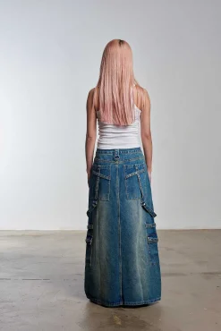 Bondage Denim Midi Skirt Blue
