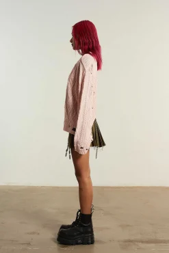 Distressed Cable Knit Pink