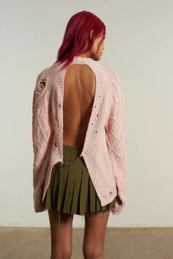 Distressed Cable Knit Pink