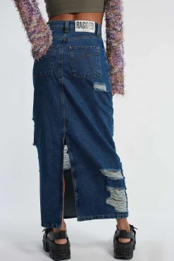 Shredder Distressed Denim Maxi Skirt