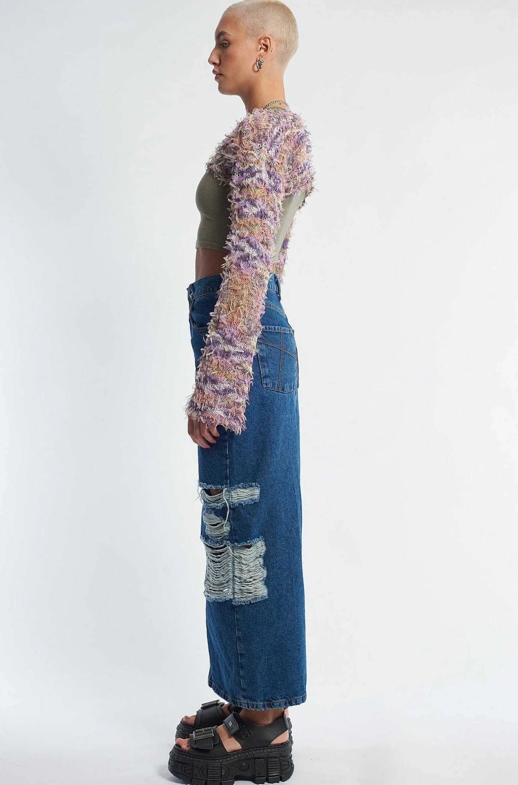 Shredder Distressed Denim Maxi Skirt