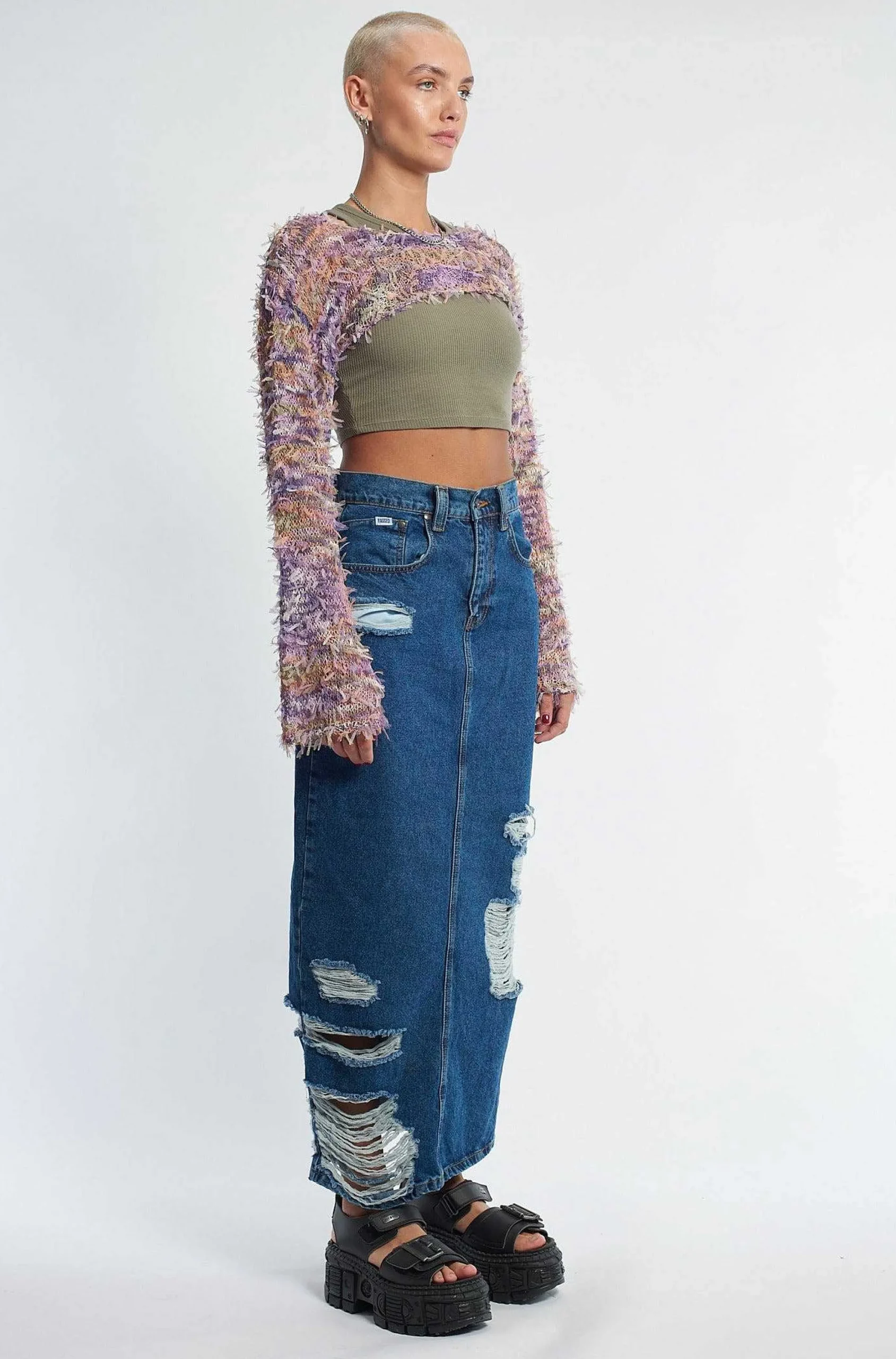 Shredder Distressed Denim Maxi Skirt
