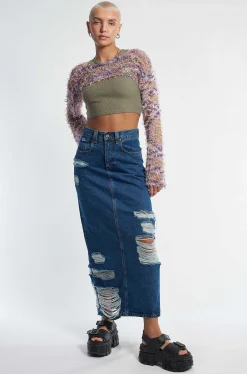Shredder Distressed Denim Maxi Skirt