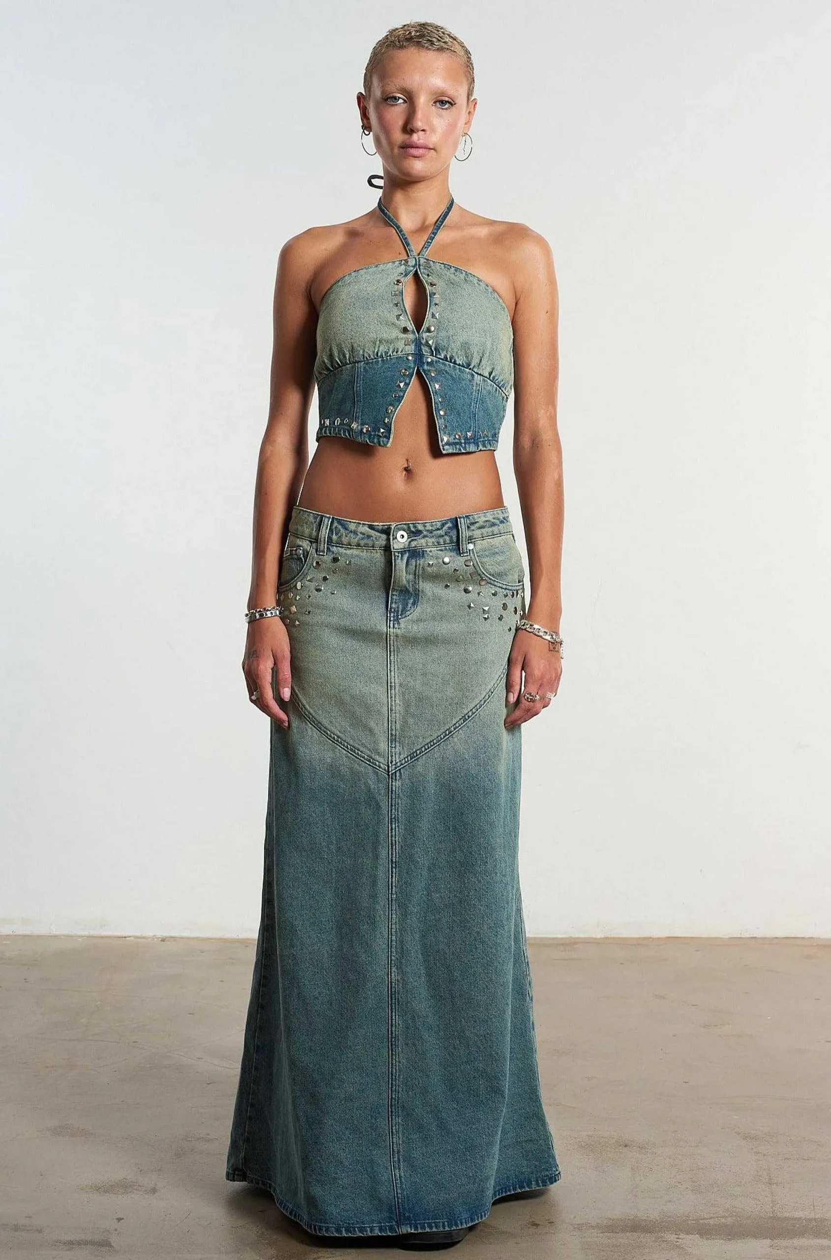 Siren Stud Denim Maxi Skirt