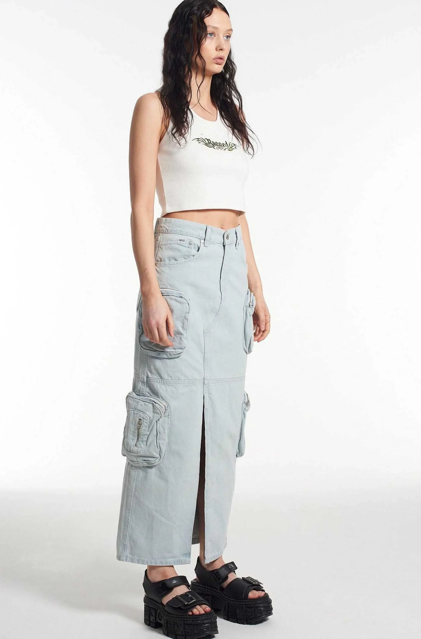 Zip Combat Maxi Skirt Stonewash