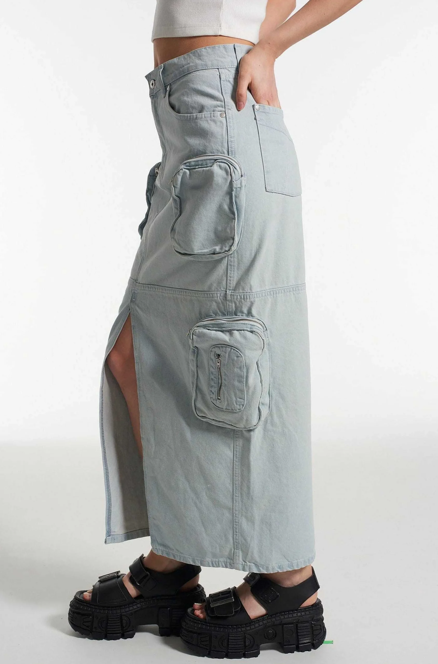 Zip Combat Maxi Skirt Stonewash